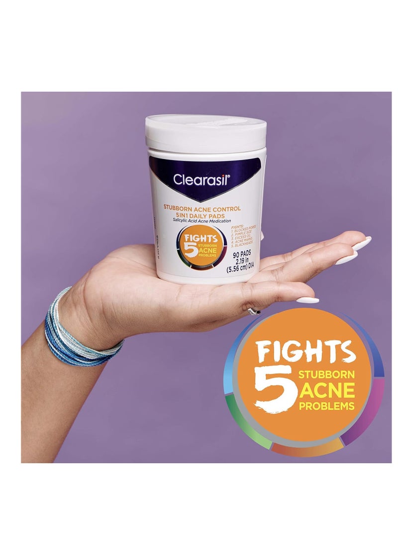 Clearasil Clearasil Stubborn Acne Control 5in1 Daily Facial Cleansing Pads, with Salicylic Acid Acne Treatment Medicine, 90 Count - Image 2