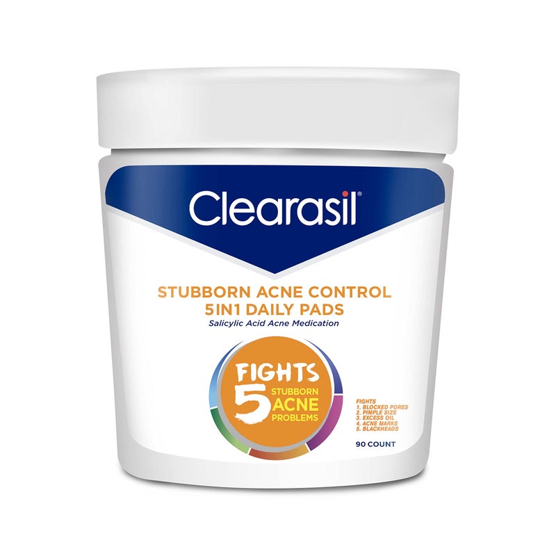 Clearasil وسادات تنظيف الوجه اليومية Clearasil للتحكم في حب الشباب العنيد 5 في 1، مع دواء علاج حب الشباب حمض الساليسيليك، 90 قطعة - Image 1