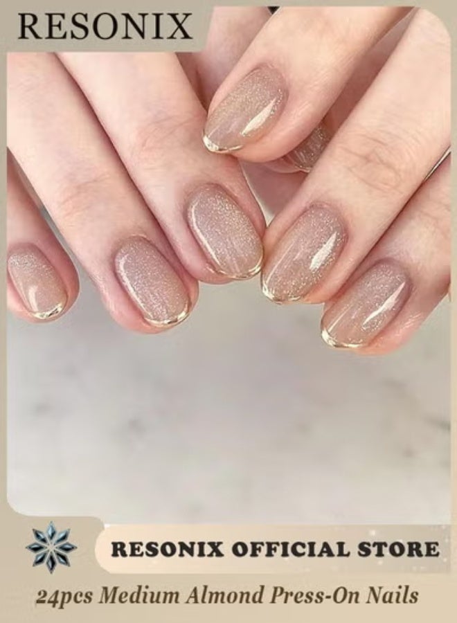RESONIX 24pcs Medium Almond Press-On Nails – French Tip Fake Nails with Designs, Stylish Stick-On False Nails for Women - Image 1