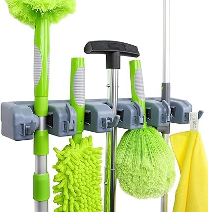 Fivanio Mop and Broom Holder Effective Strong Holding 5 Slot Position with 6 Hooks Garage Storage  - Image 2