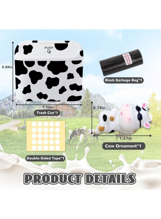 SuperKaKa Car Cow Print Trash Can - White Garbage Organizer Holder with Black Trash Bag Rolls, Cute Automotive Dustbin for Most Cars Interior Accessories (1, White) - Image 2
