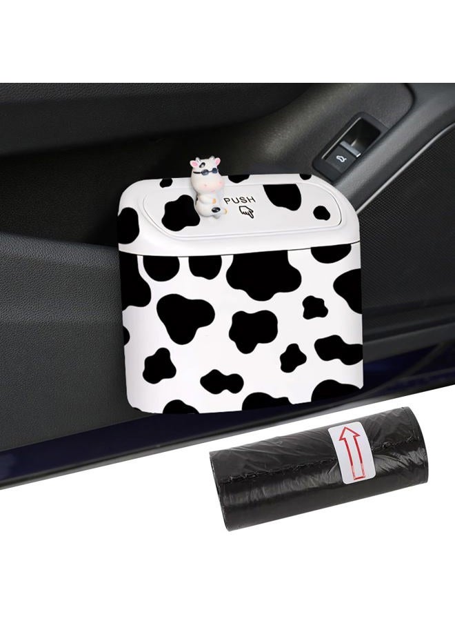 SuperKaKa Car Cow Print Trash Can - White Garbage Organizer Holder with Black Trash Bag Rolls, Cute Automotive Dustbin for Most Cars Interior Accessories (1, White) - Image 1