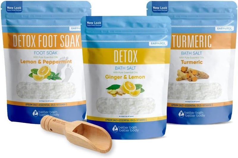 Better Bath Better Body Detox Bath Bundle 3 Pack with Scoop Total 6 Lbs Detoxifying Soaks with Detox Foot Soak and Turmeric Bath Soak Made with Epsom Salt and Pure Essential Oils Plus Vitamin C Three 2 Lbs Pouches 