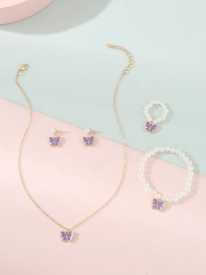 تايك تو Take Two Set of 4 - Butterfly Pendant Faux Pearl Necklace, Bracelet, Earrings and Ring