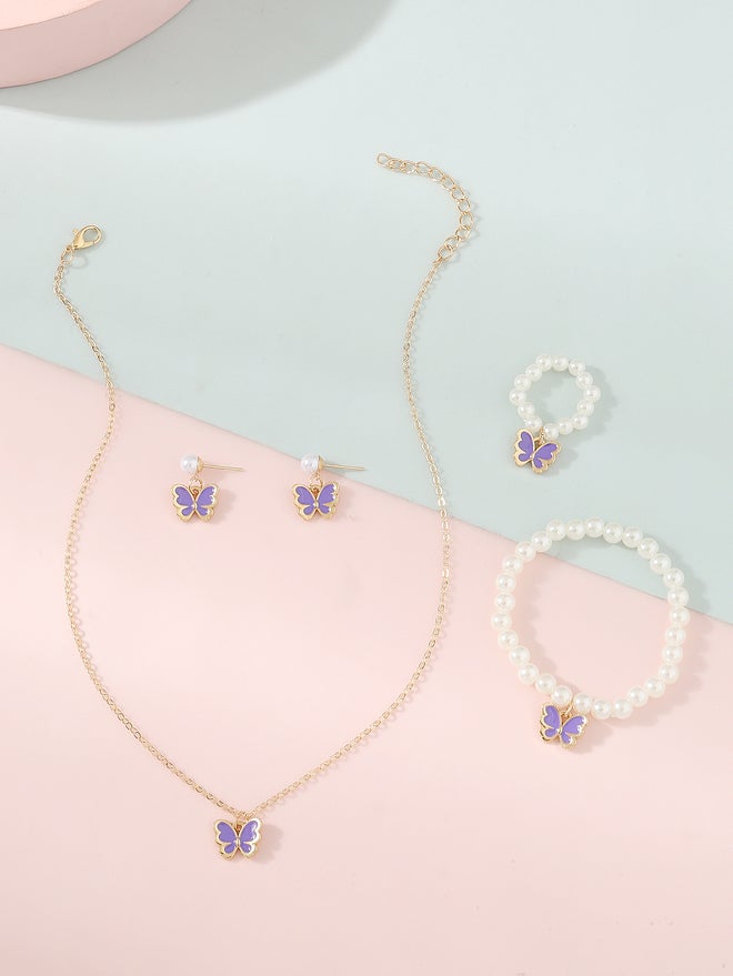 تايك تو طقم قلادة وسوار وأقراط وخاتم بفراشة ولؤلؤ صناعي من قطعتين  قطع - Image 4