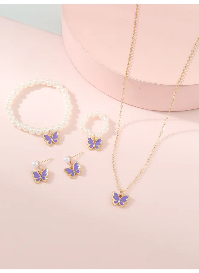 Take Two Take Two Set of 4 - Butterfly Pendant Faux Pearl Necklace, Bracelet, Earrings and Ring