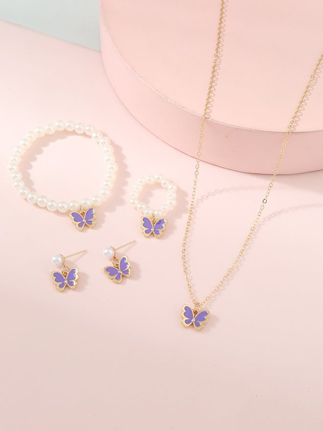 تايك تو طقم قلادة وسوار وأقراط وخاتم بفراشة ولؤلؤ صناعي من قطعتين  قطع - Image 1