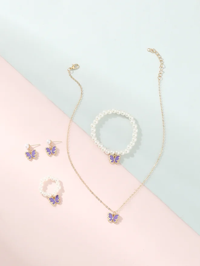 تايك تو Take Two Set of 4 - Butterfly Pendant Faux Pearl Necklace, Bracelet, Earrings and Ring