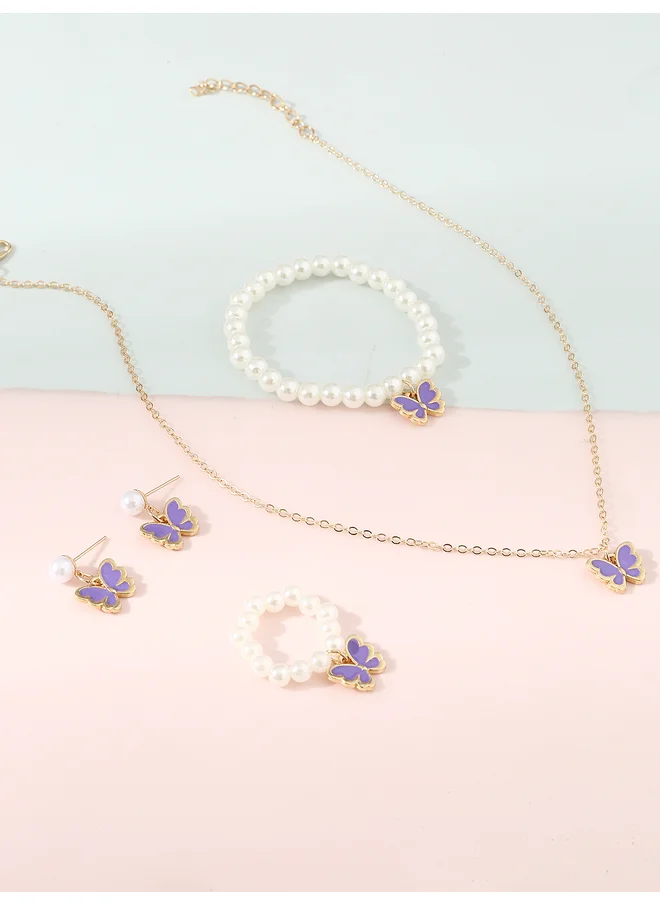 Take Two Take Two Set of 4 - Butterfly Pendant Faux Pearl Necklace, Bracelet, Earrings and Ring