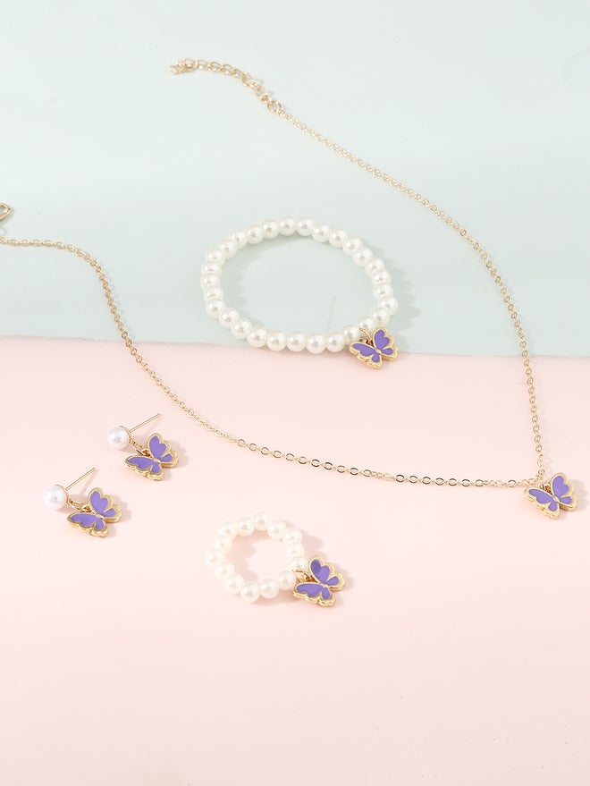 تايك تو طقم قلادة وسوار وأقراط وخاتم بفراشة ولؤلؤ صناعي من قطعتين  قطع - Image 2