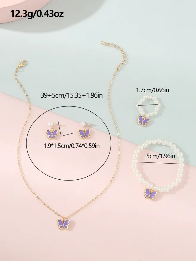 تايك تو Take Two Set of 4 - Butterfly Pendant Faux Pearl Necklace, Bracelet, Earrings and Ring