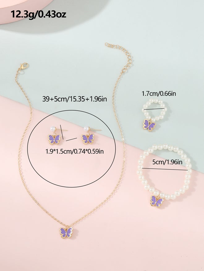 تايك تو طقم قلادة وسوار وأقراط وخاتم بفراشة ولؤلؤ صناعي من قطعتين  قطع - Image 5