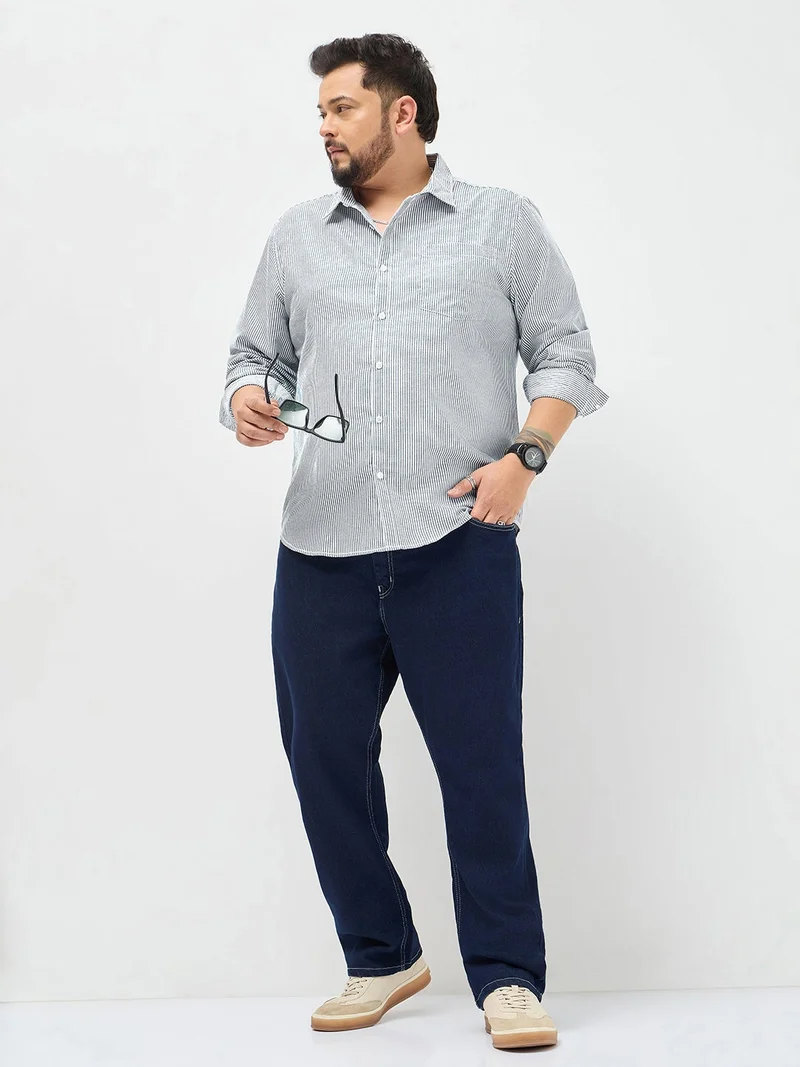 Urbano Fashion  Urbano Plus Men's Dark Blue Cotton Full Sleeve Regular Fit Casual Striped Shirt  | Best Price UAE