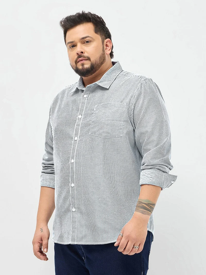 Urbano Fashion  Urbano Plus Men's Dark Blue Cotton Full Sleeve Regular Fit Casual Striped Shirt  | Best Price UAE
