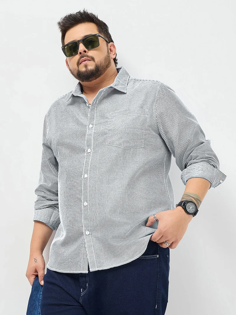 Urbano Plus Men's Dark Blue Cotton Full Sleeve Regular Fit Casual Striped Shirt