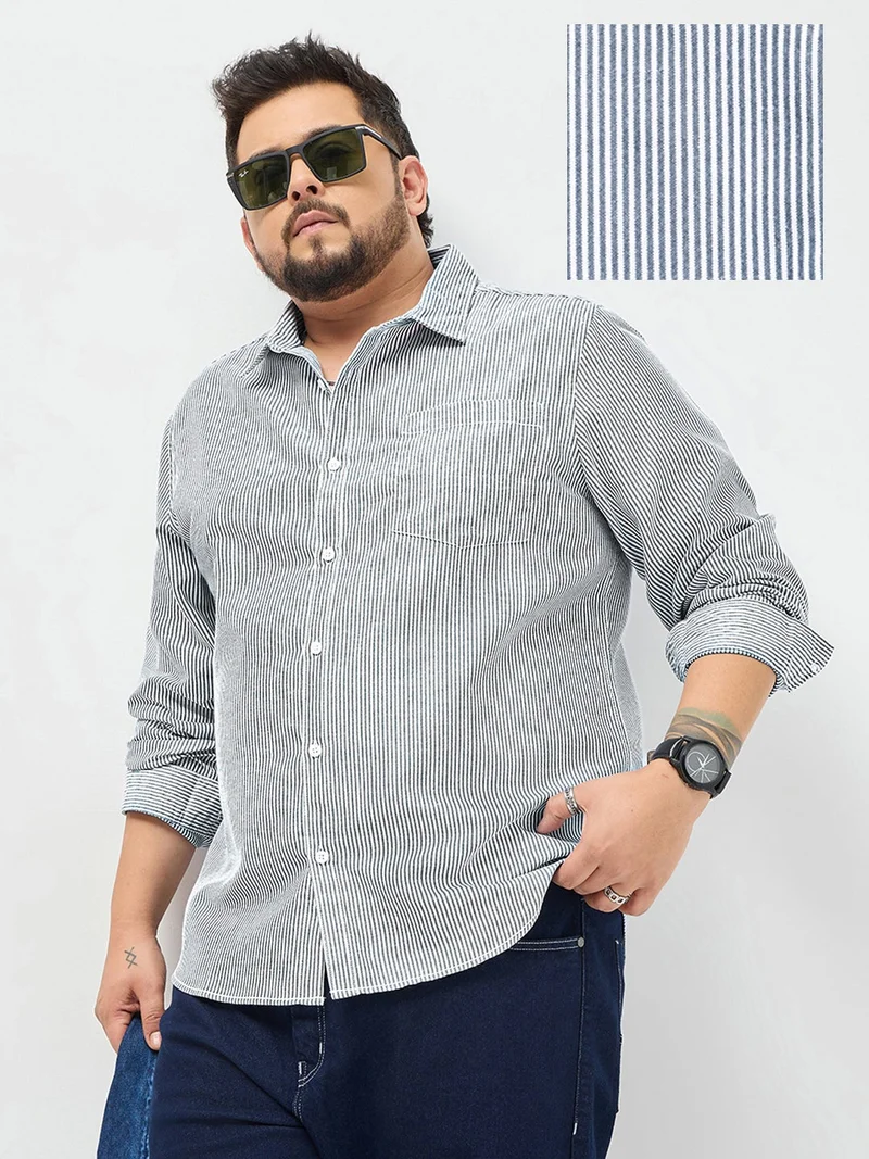 Urbano Fashion  Urbano Plus Men's Dark Blue Cotton Full Sleeve Regular Fit Casual Striped Shirt  | Best Price UAE