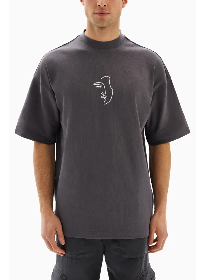 Wecre8 Dark Grey Abstract Faces Printed T-shirt