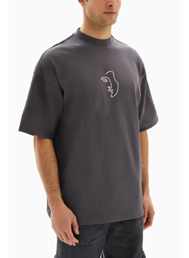 Wecre8 Dark Grey Abstract Faces Printed T-shirt