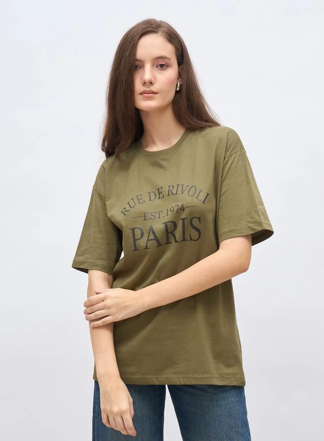 ستايلي Styli Slogan Print Oversized T-Shirt with Dropped Shoulder