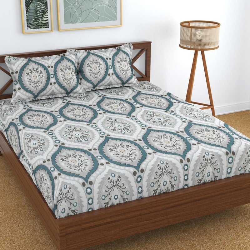 KAWI Elastic Fitted Bedsheets (60"x78") Queen Size Glace Cotton for Double Bed with All Around Elastic, 2 Large Pillow Cover, 200TC - Blue Color - Image 5