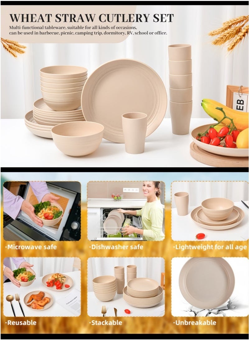 SHAOZHEN 32-piece Dinner Set, Wheat Straw Bowls, Plates, Cups Dinnerware Set, Service for 8, Dinner Plates, Dessert Plate, Cereal Bowls, Cups, Unbreakable Colorful Plastic Outdoor Camping Dishes, Coastal Beige - Image 5
