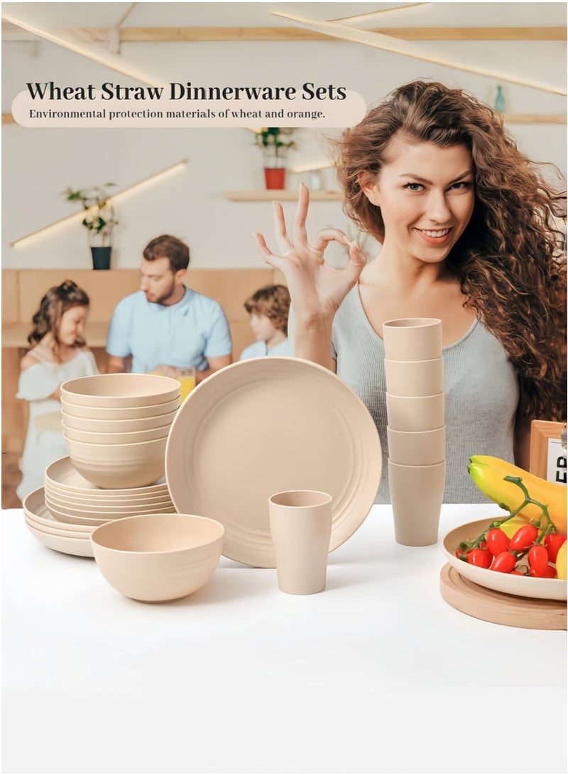 SHAOZHEN 32-piece Dinner Set, Wheat Straw Bowls, Plates, Cups Dinnerware Set, Service for 8, Dinner Plates, Dessert Plate, Cereal Bowls, Cups, Unbreakable Colorful Plastic Outdoor Camping Dishes, Coastal Beige - Image 3
