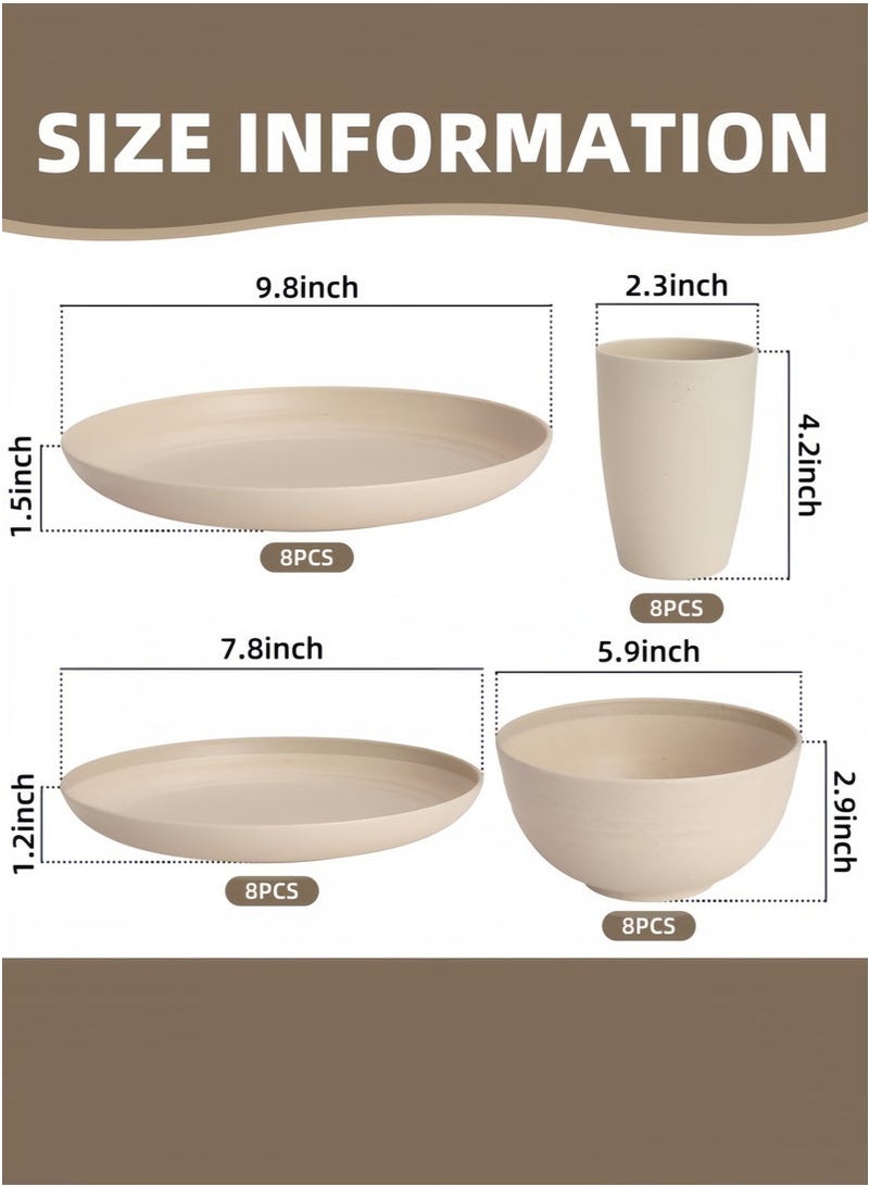 SHAOZHEN 32-piece Dinner Set, Wheat Straw Bowls, Plates, Cups Dinnerware Set, Service for 8, Dinner Plates, Dessert Plate, Cereal Bowls, Cups, Unbreakable Colorful Plastic Outdoor Camping Dishes, Coastal Beige - Image 2