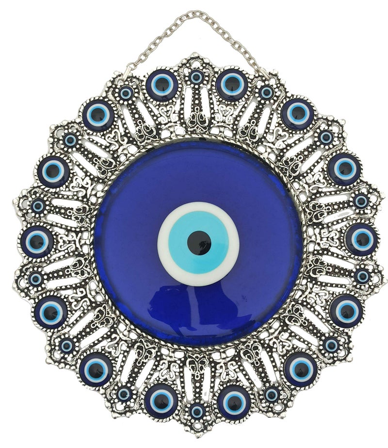 Erbulus Turkish XXLarge Glass Blue Evil Eye Wall Hanging Ornament Wall Art Decoration Turkish Nazar Bead Amulet Home Protection and Good Luck Charm Gift in a Box