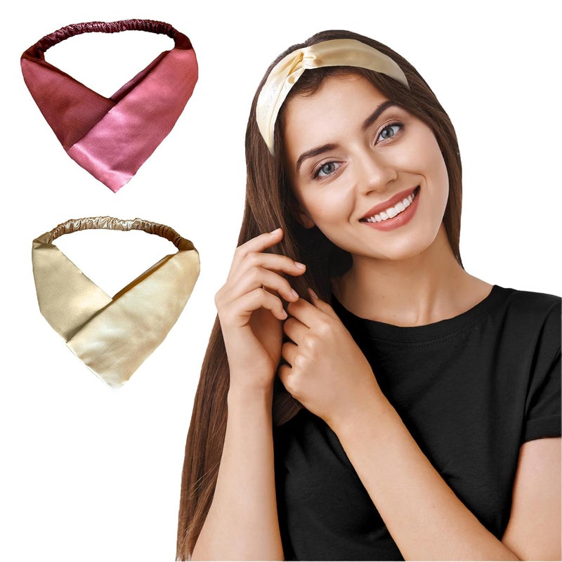 Silvr Bear Luxury Satin Hairband | Pack of 2 | Aesthetic Turban Hairband Korean Style Twisted Cross Knot Head Band for Women | Fabric Elastic hair band for women (Mauve + Champagne For Women & Teens) - Image 1