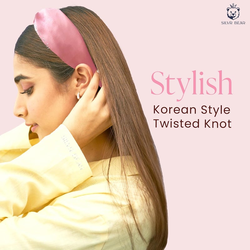 Silvr Bear Luxury Satin Hairband | Pack of 2 | Aesthetic Turban Hairband Korean Style Twisted Cross Knot Head Band for Women | Fabric Elastic hair band for women (Mauve + Champagne For Women & Teens) - Image 5