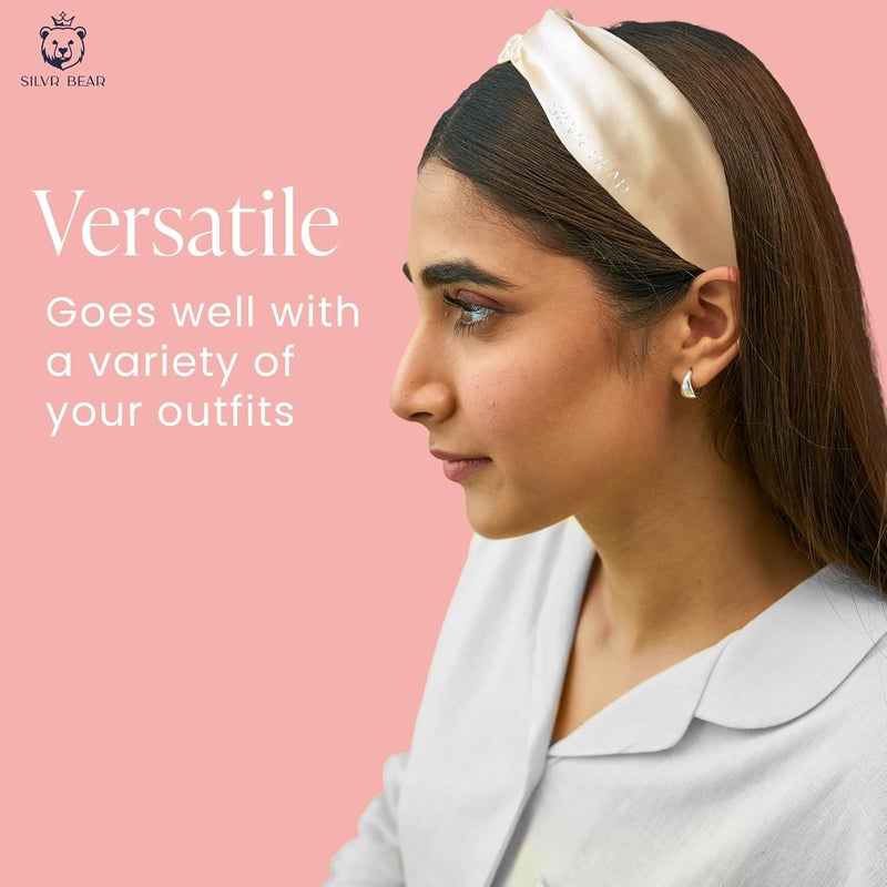 Silvr Bear Luxury Satin Hairband | Pack of 2 | Aesthetic Turban Hairband Korean Style Twisted Cross Knot Head Band for Women | Fabric Elastic hair band for women (Mauve + Champagne For Women & Teens) - Image 4