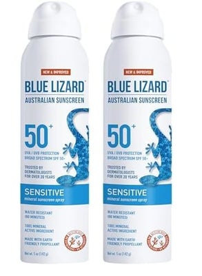 BLUE LIZARD Blue Lizard Sensitive Mineral Sunscreen Spray SPF 50 DermatologistRecommended Brand BroadSpectrum UVAUVB Protection WaterResistant Zinc Oxide Formula 5 fl oz Pack of 2 