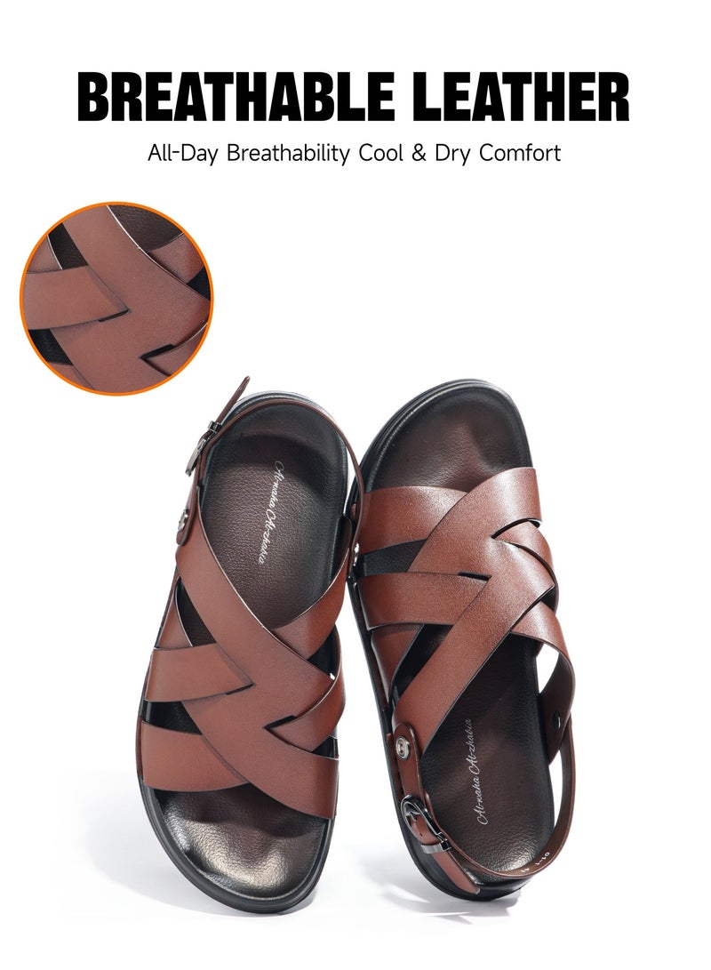 AL-WAHA AL-ZHABIA Men's Brown Synthetic Leather Sandals | Breathable Rubber Sole, Anti-Slip & Durable for Desert Climate | Lightweight Comfort Daily Wear | Sandals for Men(44)  - Image 1