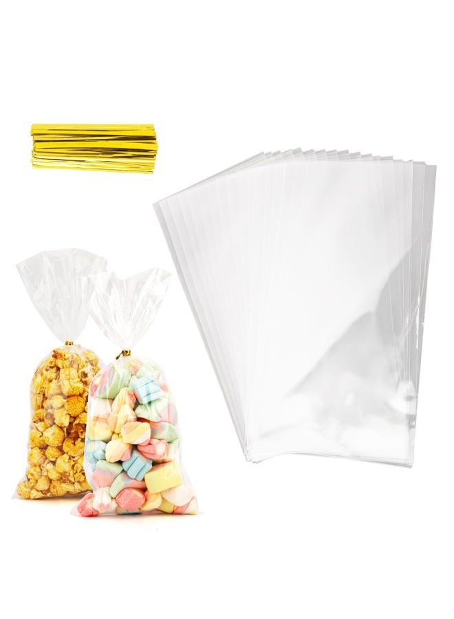 Leislam Cellophane Treat Bags, Cellophane Bags, 100 PCS Clear Cellophane Treat Bags, 5x11 Inches Cellophane Candy Goodie Gift Bags with 100 Gold Twist Ties for Valentines Easter Weddings Party Favors - Image 1
