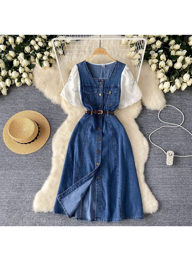 Summer Square Collar Casual Midi Dress for Women Short Puff Sleeve Empire Patchwork Denim Dress