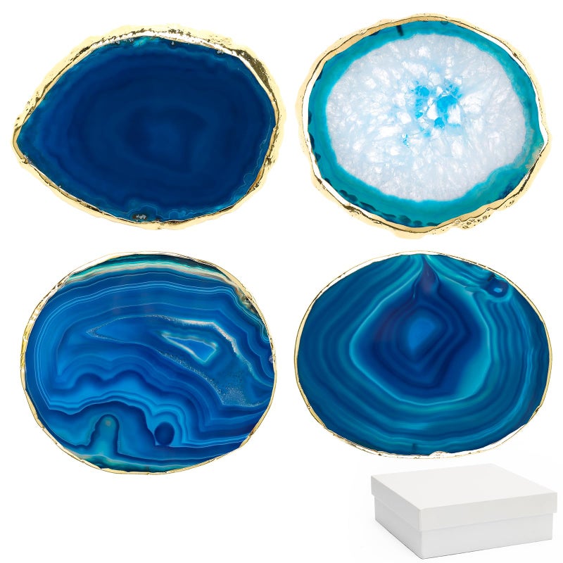 مجموعة من 4 قواعد أكواب من العقيق الأزرق مع علبة هدايا لوكزيف 34 قواعد أكواب من العقيق للمشروبات أكواب كريستالية طبيعية بحواف ذهبية حجر الجيود البرازيلي قاعدة أكواب للقهوة والمشروبات والشاي 34 بوصة