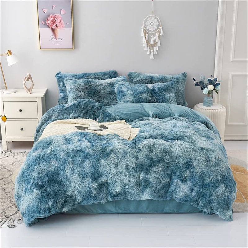 chovy Faux Fur Tie-Dyed Blue White Colorful Comforter Sets Queen - 3PC Bed Set Ultra Soft Plush Flannel Velvet Fluffy Fuzzy Bedding(Comforter x 1 Pillowcases x 2) - Image 1