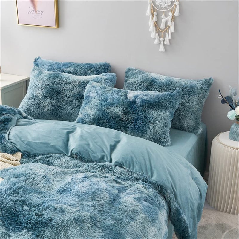 chovy Faux Fur Tie-Dyed Blue White Colorful Comforter Sets Queen - 3PC Bed Set Ultra Soft Plush Flannel Velvet Fluffy Fuzzy Bedding(Comforter x 1 Pillowcases x 2) - Image 4