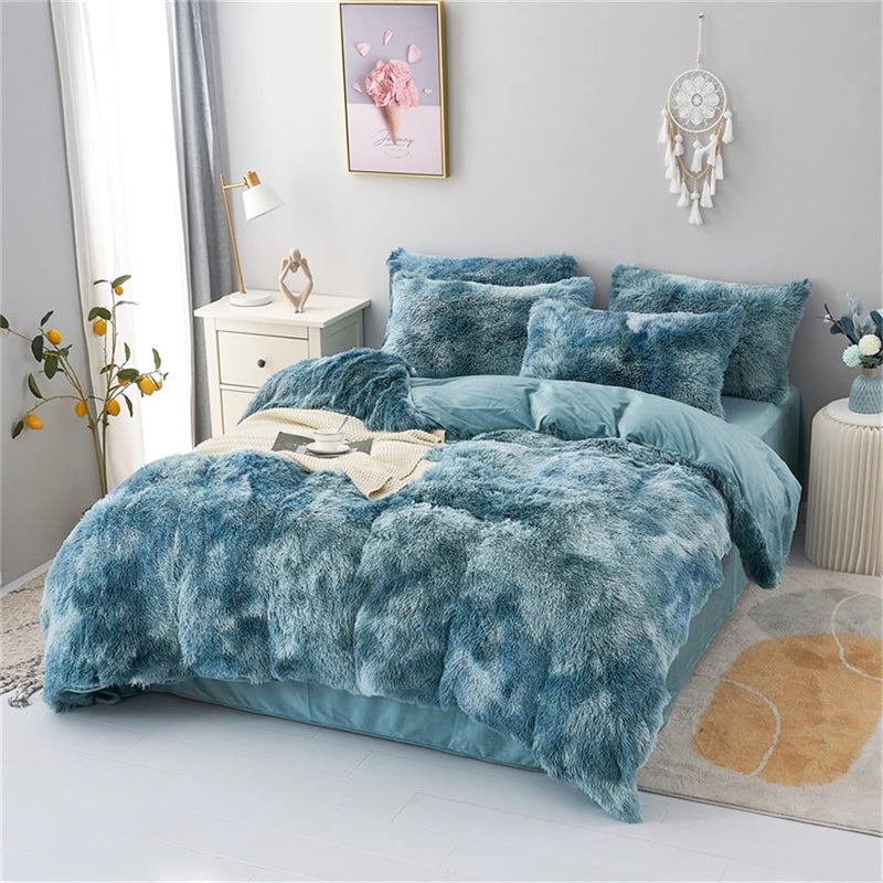 chovy Faux Fur Tie-Dyed Blue White Colorful Comforter Sets Queen - 3PC Bed Set Ultra Soft Plush Flannel Velvet Fluffy Fuzzy Bedding(Comforter x 1 Pillowcases x 2) - Image 2