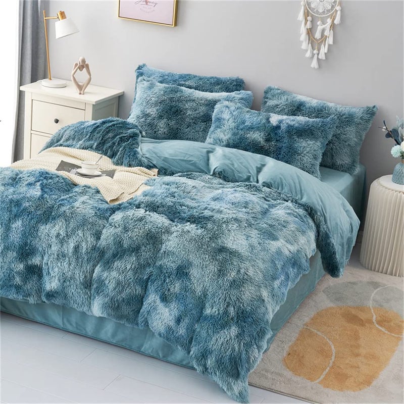 chovy Faux Fur Tie-Dyed Blue White Colorful Comforter Sets Queen - 3PC Bed Set Ultra Soft Plush Flannel Velvet Fluffy Fuzzy Bedding(Comforter x 1 Pillowcases x 2) - Image 3
