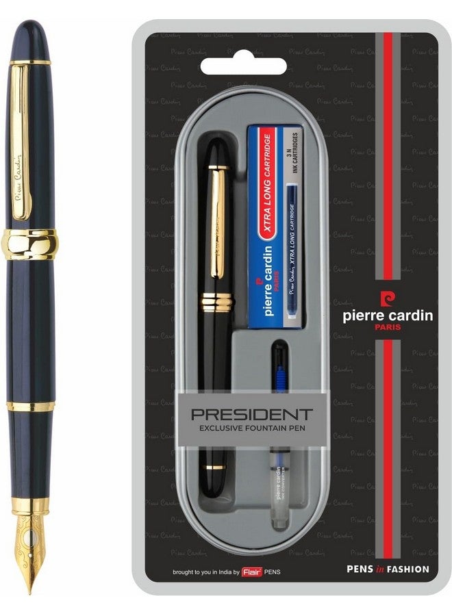 pierre cardin President Premium Fountain Pen | Luxurious Black Lacquer Finish Body With Golden Trims & Nib | Free Ink Converter & Cartridges | Ideal For Festive & Corporate Gifting - Image 1