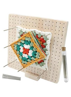 Crochet Blocking Board, Handcrafted Knitting Blocking Mats and Pins, Wooden Blocking Board for Knitting and Crochet Projects, Granny Squares, Full Kit with 20 Stainless Steel Pins, 5 Large Eye Needl