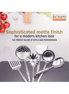 Beram Stainless Steel Cooking Utensils Set, 6 Pieces, Pasta Server, Turner, Spatula, Skimmer, Rice Scoop, Soup Ladle, Kitchen Cookware Set, Matte Finish Silverware, Heavy Duty Storage Stand  - Image 2