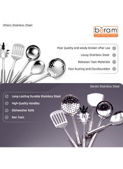Beram Stainless Steel Cooking Utensils Set, 6 Pieces, Pasta Server, Turner, Spatula, Skimmer, Rice Scoop, Soup Ladle, Kitchen Cookware Set, Matte Finish Silverware, Heavy Duty Storage Stand  - Image 3