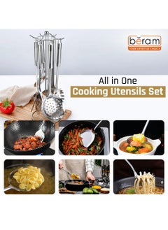 Beram Stainless Steel Cooking Utensils Set, 6 Pieces, Pasta Server, Turner, Spatula, Skimmer, Rice Scoop, Soup Ladle, Kitchen Cookware Set, Matte Finish Silverware, Heavy Duty Storage Stand  - Image 4
