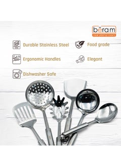Beram Stainless Steel Cooking Utensils Set, 6 Pieces, Pasta Server, Turner, Spatula, Skimmer, Rice Scoop, Soup Ladle, Kitchen Cookware Set, Matte Finish Silverware, Heavy Duty Storage Stand  - Image 5