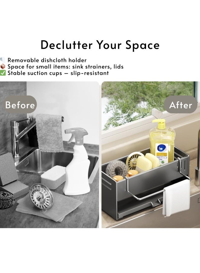 VIO Steel Kitchen Dish Soap and Handwash Dispenser with Sponge Holder Countertop Dishwashing Soap Pump Dispenser Liquid Dish Soap Dispenser Set Soap Caddy for Kitchen Sink Office Home Kitchen Cleaning Tools Sink Caddy with Drain Tray Kitchen Sink Rack Kitchen Sink Organizer  Bathroom Storage Shelf Countertop Organizer for Toiletries - Image 5