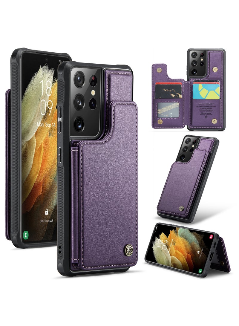 Wallet Case for Samsung Galaxy S21 Ultra, Premium Handmade Durable PU Leather Slim Shockproof Case with [Double Magnetic Clasp] [Card Holder] [Kickstand] [RFID Blocking] (Purple)