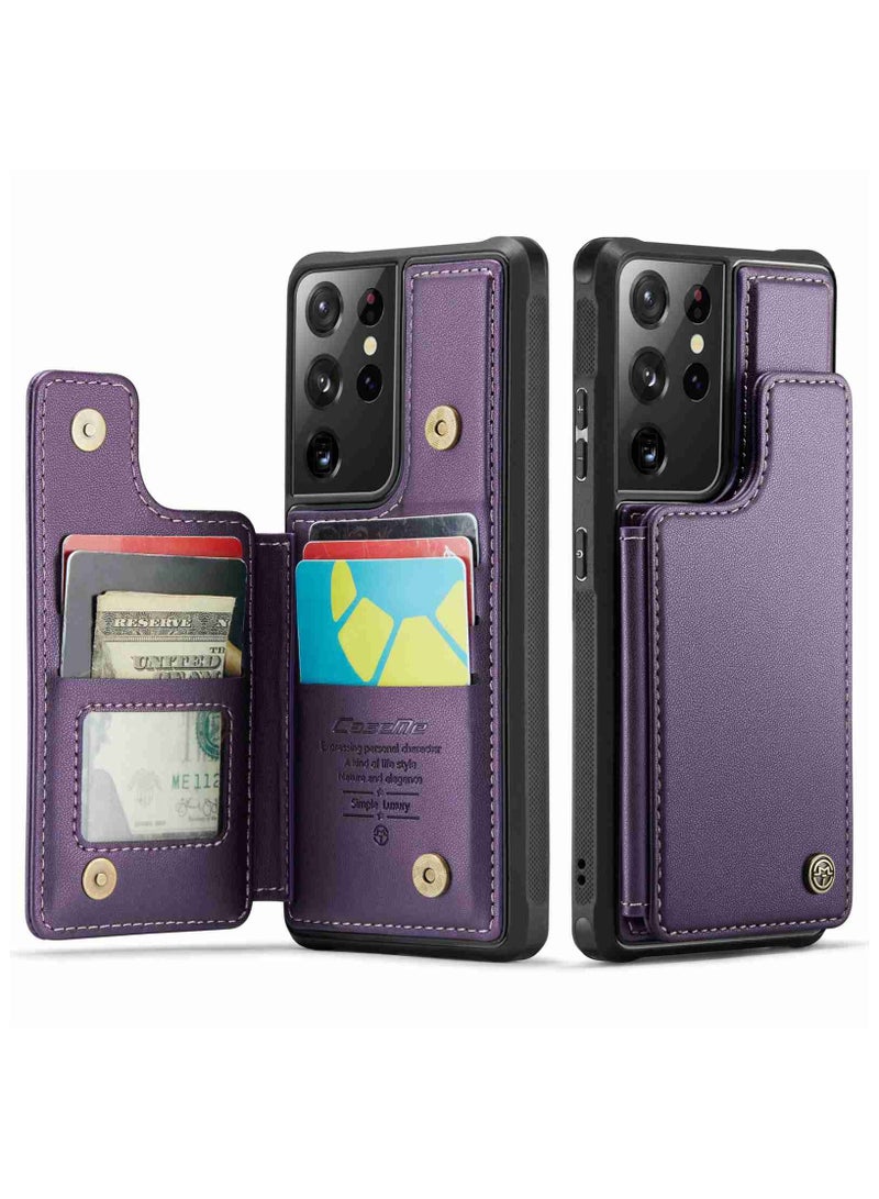 Wallet Case for Samsung Galaxy S21 Ultra, Premium Handmade Durable PU Leather Slim Shockproof Case with [Double Magnetic Clasp] [Card Holder] [Kickstand] [RFID Blocking] (Purple)