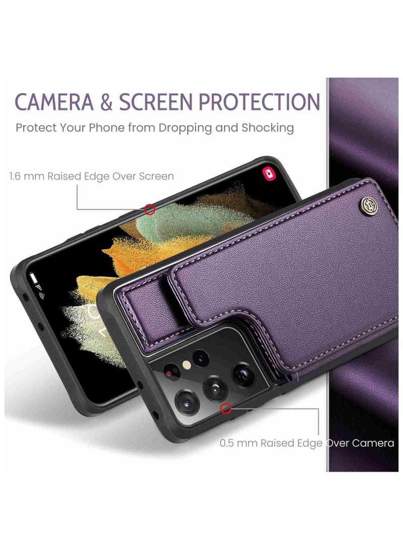 Wallet Case for Samsung Galaxy S21 Ultra, Premium Handmade Durable PU Leather Slim Shockproof Case with [Double Magnetic Clasp] [Card Holder] [Kickstand] [RFID Blocking] (Purple)